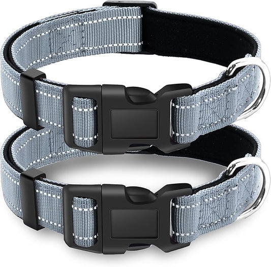 2 Pack Reflective Dog Collar with Safety Locking Buckle, Adjustable Soft Breathable Comfortable Nylon Pet Collar for Small, Medium and Large Dogs, Gray, S