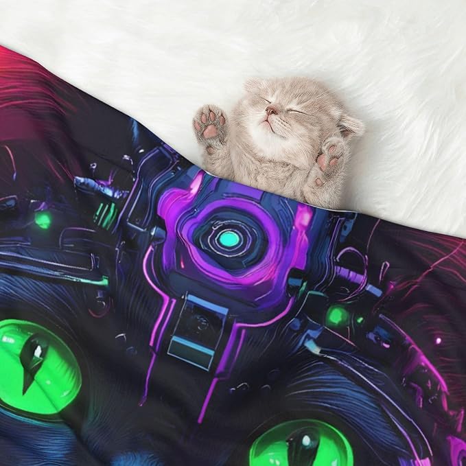 Waterproof Dog Blanket Soft Pet Blanket for Puppy, Fleece Cat Throw Blankets for Furniture Bed Couch Sofa Reversible - Futuristic Cat Warrior