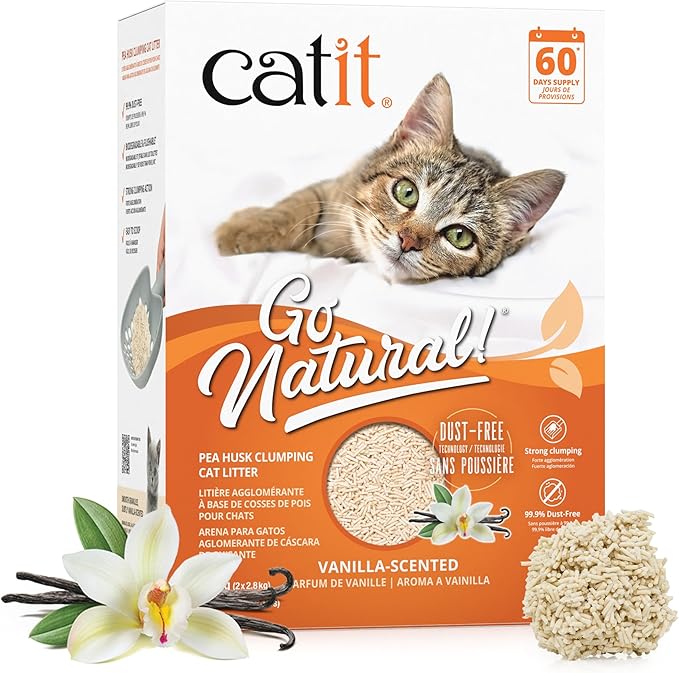 Catit - Go Natural Pea Husk Clumping Cat Litter - Lightweight, Dust Free, Easy Cleaning & Scooping, Flushable Kitty Litter with Odor Control & Subtle Fragrance - 12.3 Lbs, Vanilla Scented