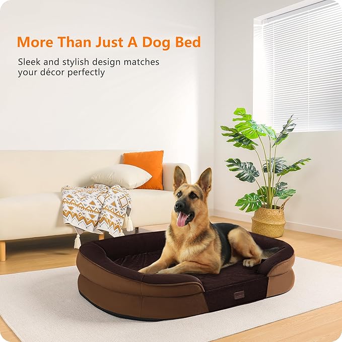 Dwanton Orthopedic Dog Bed for Extra Large Dogs with Gel Memory Foam, Waterproof Dog Sofa, Washable Pet Bed with Four Sided Bolster Cushion, Removable Cover & Non-Slip Bottom, 45", Brown