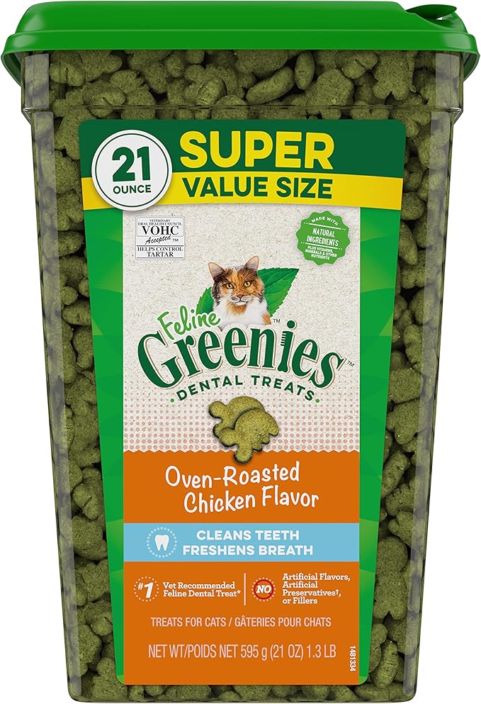Greenies Feline Adult Dental Cat Treats, Oven Roasted Chicken Flavor, 21 oz. Tub