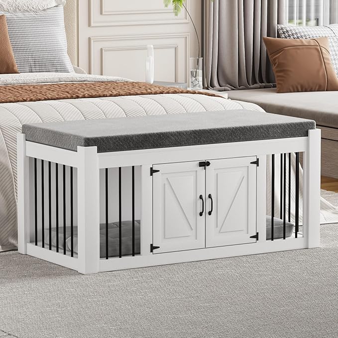 Dog Crate Furniture with Padded Seat, Luxury Wooden Dog Kennel, End of Bed Bench Ottoman with Removable Cushion for Bedroom, Living Roome, White