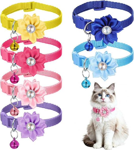 6 PCS Flower Kitten Collar with Bell, Adjustable Cute Cat Collar with Rhinestone for Female, Breakaway Small Kitten Collars, 6 Colors