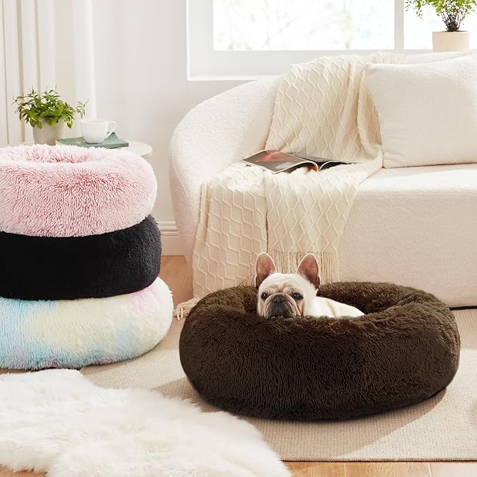 Love's cabin 24in Cat Beds for Indoor Cats - Cat Bed with Machine Washable, Waterproof Bottom - Dark Brown Fluffy Dog and Pet Calming Cushion Bed for Joint-Relief and Sleep Improvement