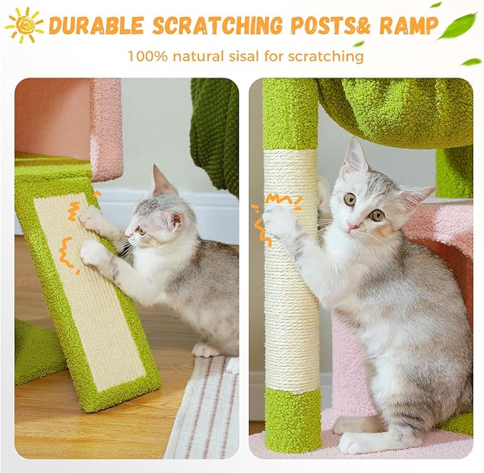 PAWZ Road Large Cat Tree, 41 Inches Multi-Level Cat Tower with 2 Spacious Condos for Large Indoor Cats, Pink Flower Cat House with Comfy Hammock, Padded Perch, Scratching Pad and Replaceable Balls