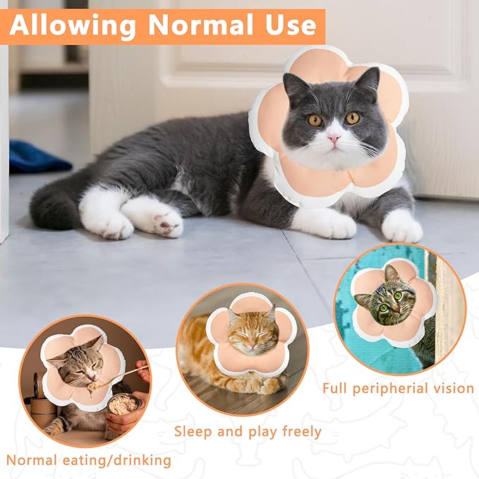 Cat Cone Collar Soft, Waterproof Cats Cones to Stop Licking After Surgery, Adjustable Soft Elizabeth Cats Collars for Wound Healing, Flower Shape Cat Recovery Collar (Pastel Orange, Small)