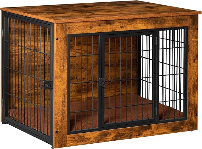 Bigrab Dog Crate Furniture with Thick Cushion, Side End Table Wooden Dog Cage with Double Doors, Chew-Resistant Dog Kennel Dog House Indoor for Small to Large Dog, M