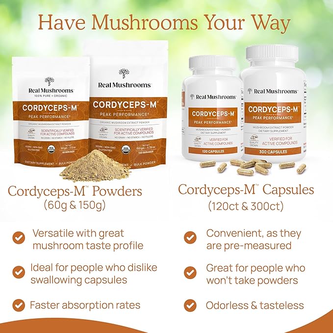 Real Mushrooms Cordyceps Mushroom Powder - Organic Cordyceps Powder Mushroom Energy and Wellness Support - Rich in Beta Glucans - Non-GMO, Vegan Supplement, 60 Servings