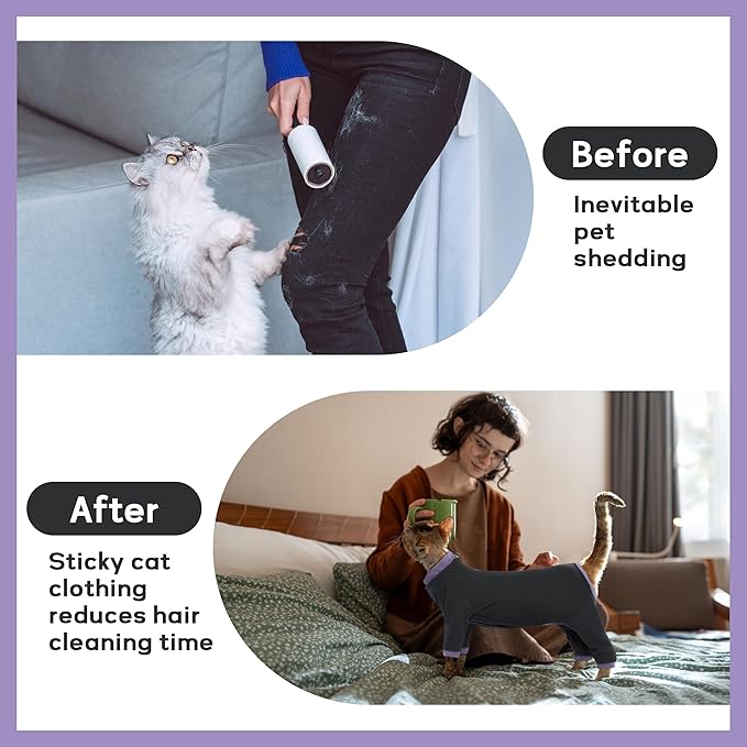 PUMYPOREITY Sticky Hair Cat Clothes, Prevent Hair Loss Cat Pajamas, Soft Cat Sweaters for Cats Only, Cat Hair Sticky Onesie, Cat Recovery Suit After Surgery, Black, M