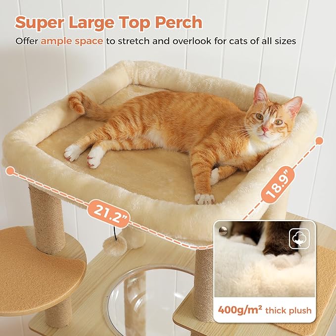 71" Tall Wood Cat Tree for Large Cats, Modern Cat Tower with 2 Acrylic Bowls, Large Top Perch, Spacious Cat Cave (Soft Cushion Included), 10 Sisal Scratching Posts and Non-Slip Jump Platforms