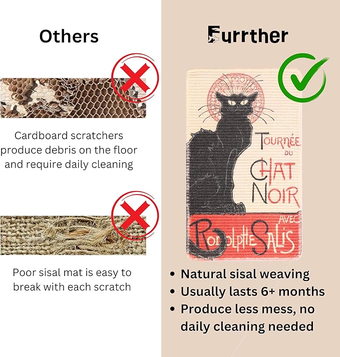 Sisal Cat Scratcher Mat (Use on Wall, Couch and Carpet), Durable and Shedding-Resistant Cat Scratching Surface - 21.7x13 inch with Adhesives and Twist Pins (The Black Cat Vintage Poster)