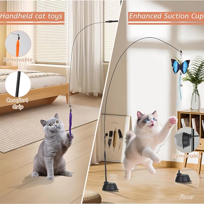 Suction Cup Cat Toys,Interactive Cat Wand with 15Pcs (Feather, Mouse, Butterfly, Worm),Durable Cats Fishing Pole Toy for Indoor Kittens,Fun Stick Toy for Exercise&Play