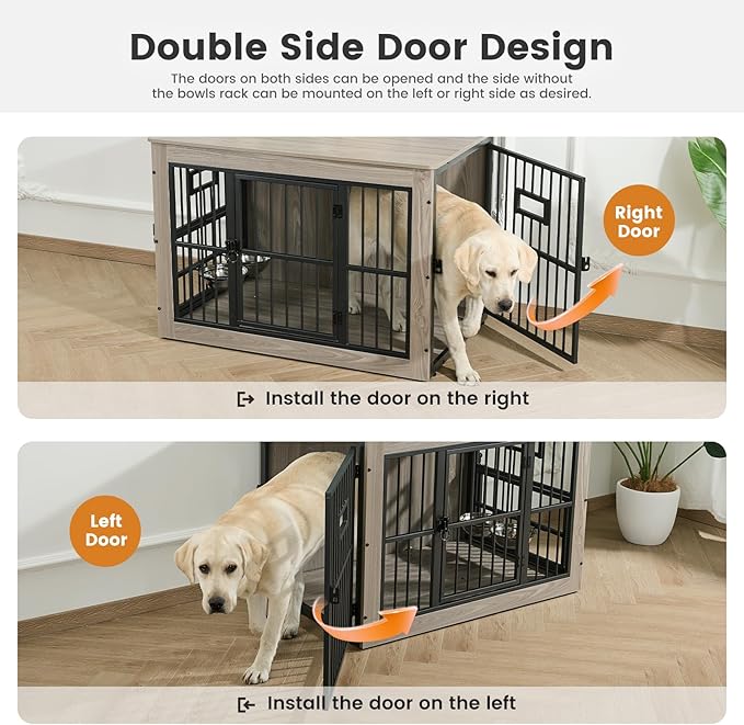 Gardner Pet Dog Crate Furniture for Medium Dogs, 38.8 Inch Dog Kennel Indoor, Wooden Dog Cage End Table with 2 Removable Bowls, Heavy Duty Dog Crate, Rustic Grey