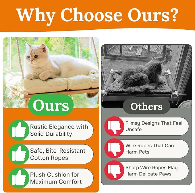 Cat Window Perch - Hammock Bed for Cats Inside - Solid Wood Seat, 4 Strong Suction Cups, Soft Cushion - Rustic Indoor Pet Shelf