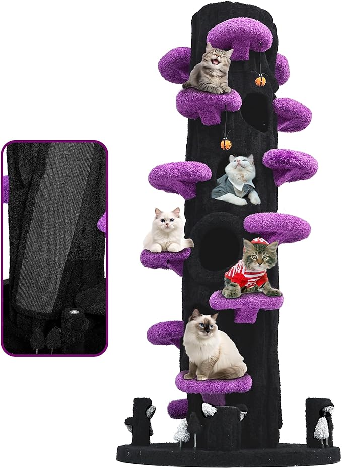 Super Large Cat Tree for Indoor Cats, All-in-One Tall Cats Tower with Scratching Post, Luxury Multi-Level Solid Wood Cat Condo for Multi-Cat Families (Purple)