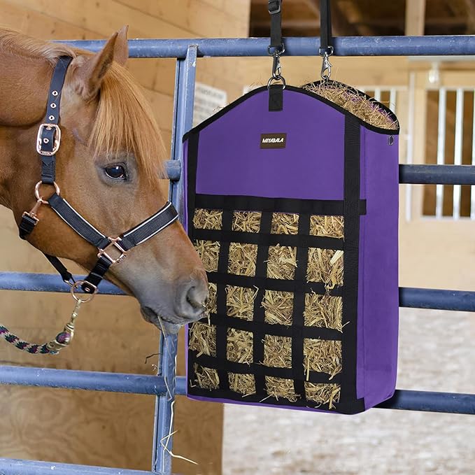Hay Bags for Horses,3 Packs Slow Feed Hay Bags for Goats,Sheep,Donkey,Premium Oxford Hay Feed Bags with Front Hay Nets Design, Easy to Fill and Hang with Large Opening (2Purple + 1Black)