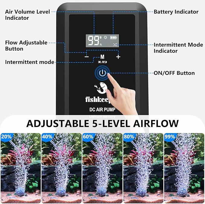 fishkeeper Rechargeable Aquarium Air Pump, 8W 130GPH Ultra Quiet Fish Tank Air Pump for 10-120 Gallon Tanks Adjustable Oxygen Aerator Pump for Outdoor-Fishing, Power Outages and Emergency