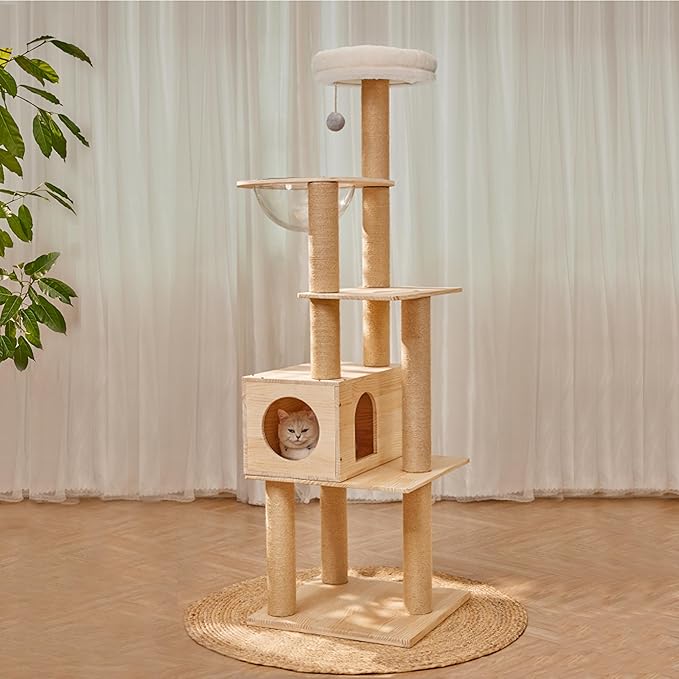 Modern Multi-Level Large Real Solid Wood Cat Tree, Luxury Wooden Cat Tower Cat Condo with Multi-Layer Platform for Indoor Cats