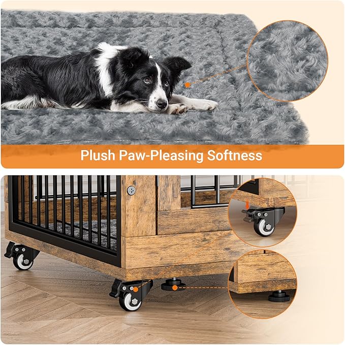 Lulive Dog Crate Furniture Set of 2, Dog Kennel Indoor Double Doors Wooden Dog Cage, 38'' Heavy Duty Dog Crate with Cushion & Wheels, End Table Pet House Chew-Resistant Up to 70 lb, Rustic Brown