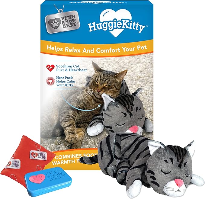 Pets Know Best HuggieKitty | Comfort Purring Companion with Heartbeat Sleep Aide for Cats & Kittens, Heating for Calming Relief, Carrier & Behavioral Training Essential, Breeds, Grey