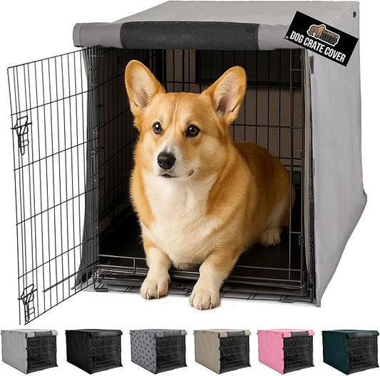 GORILLA GRIP Dog Crate Covers Compatible with Amazon Basics Dog Crates, All Sides Open, Privacy Cover Fits 30" Wire Kennel, Breathable Mesh Windows, Light Reducing Puppy Training Cage Topper, Gray