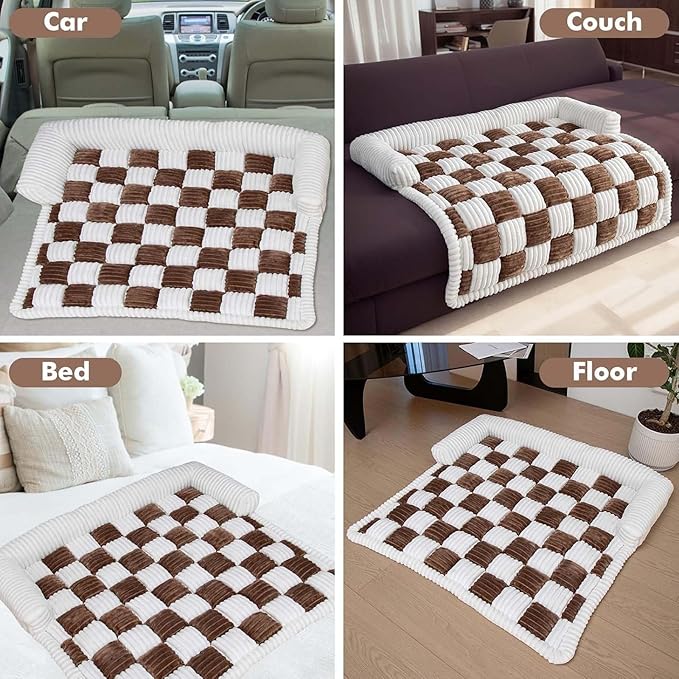 Dog Couch Cover Protector, Pet Couch Covers for Sofa, Dog Couch Cover Fuzzy Sofa Cover Cream Square Plaid Dog Bed Plush Dog Mat for Furniture Protector for Large Medium Dogs and Cats