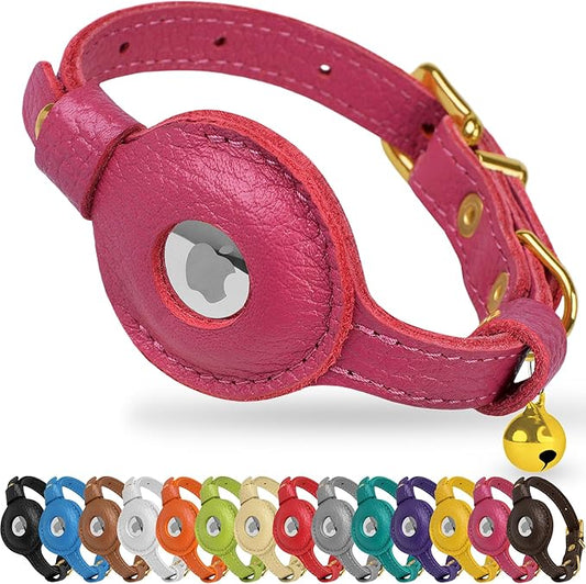OOPSDOGGY Leather AirTag Cat Collar with Bell - Non Breakaway Kitten Collar with Apple Air Tag Holder - Lightweight GPS Pet Collars for Girl Boy Cats, Small Dogs, Puppies (Pink)