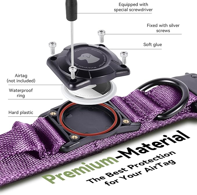 2025 Upgrade Waterproof AirTag Dog Collar, Military Tactical Dog Collar with AirTag Holder, Comfortable Control Handle and Metal Buckle, GPS Dog Collar Holder for Medium to Large Dogs (Purple, M)
