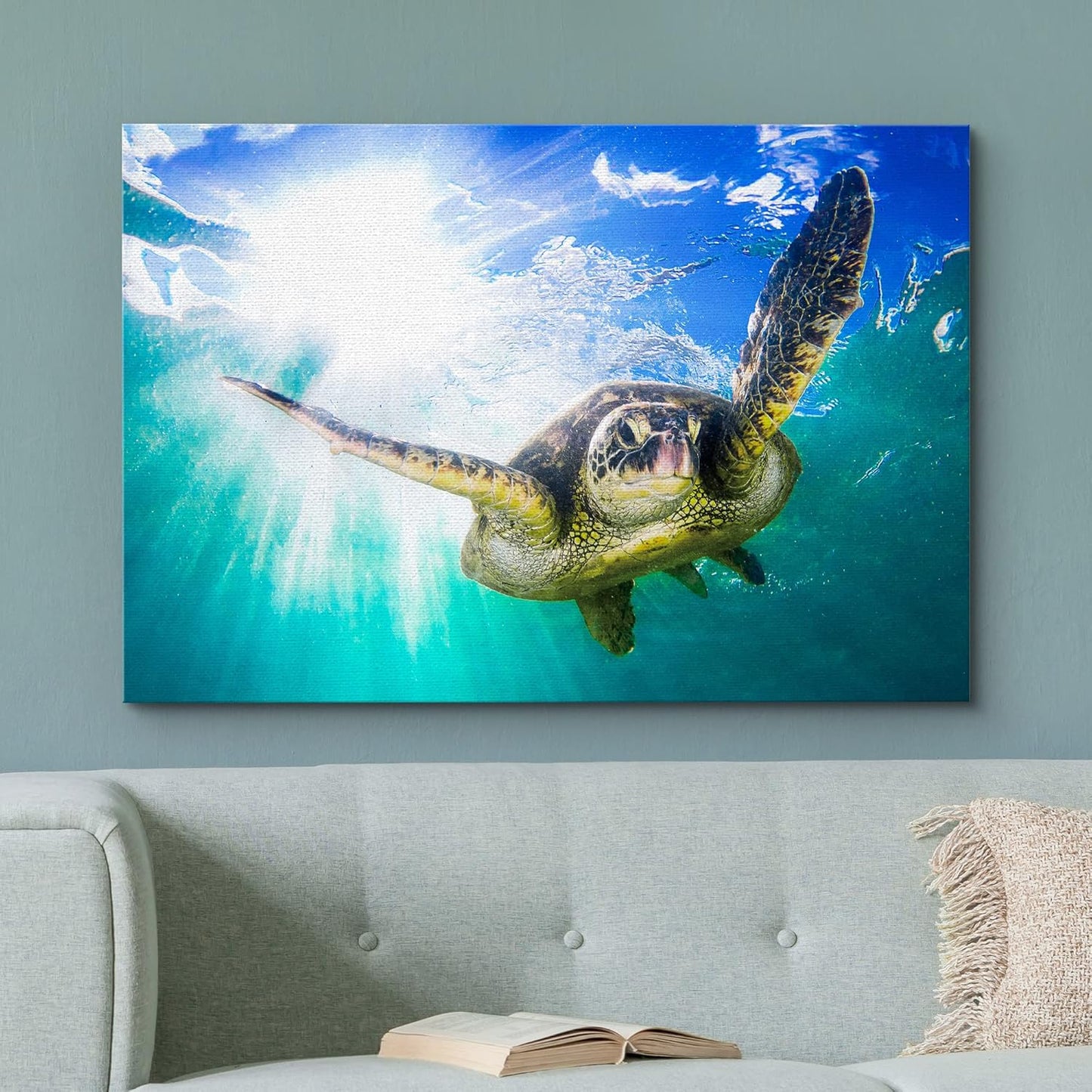 wall26 Canvas Print Wall Art Sunlight Tropical Ocean Underwater Turtle Nature Animals Photography Realism Rustic Scenic Landscape Wilderness Earth Colorful for Living Room, Bedroom, Office - 12"x18"