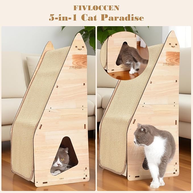 32in Cat Scratching Posts for Indoor Cats: Replaceable Sisal Mats & Sturdy 3D Wood Frame, Integrated Cat Condo, Hideout, Tunnel, All-in-One Space Saver for Multi-Cat & Budget-Friendly Homes