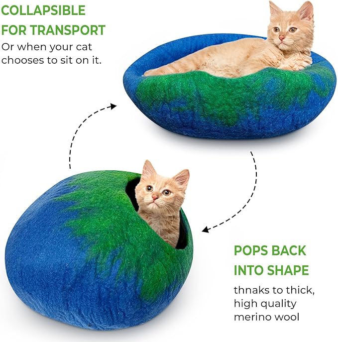 Woolygon Premium Felt Cat Cave Bed – Wool Kitty Beds Handcrafted Kitten Caves Bed for Indoor Cats - Made from 100% Eco-Friendly Merino Wool, Foldable Cat Hidewawy Covered Cat Houses (Emerald Indigo)