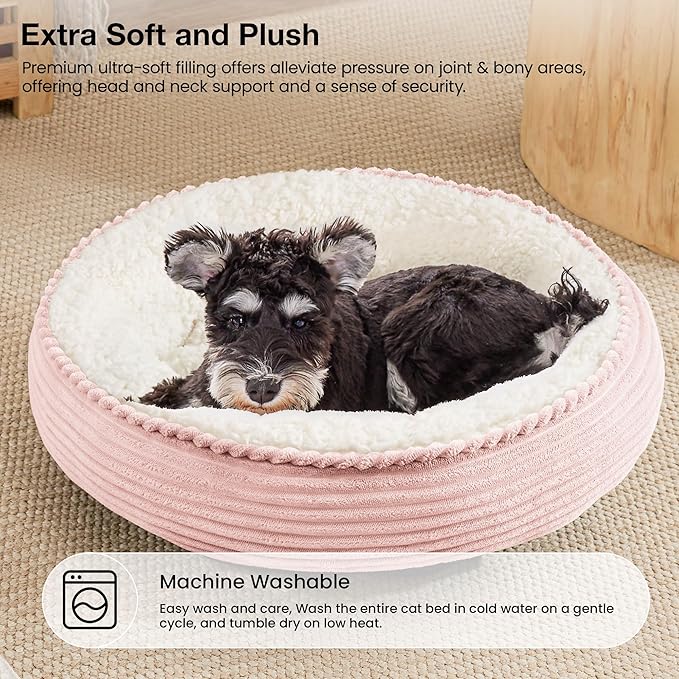 Love's cabin Round Donut Cat and Dog Cushion Bed, 25in Pet Bed for Small or Medium Dogs, Anti-Slip & Water-Resistant Bottom, Soft Durable Fabric Pet Beds, Washable Calming Cat Bed Pink Stripe