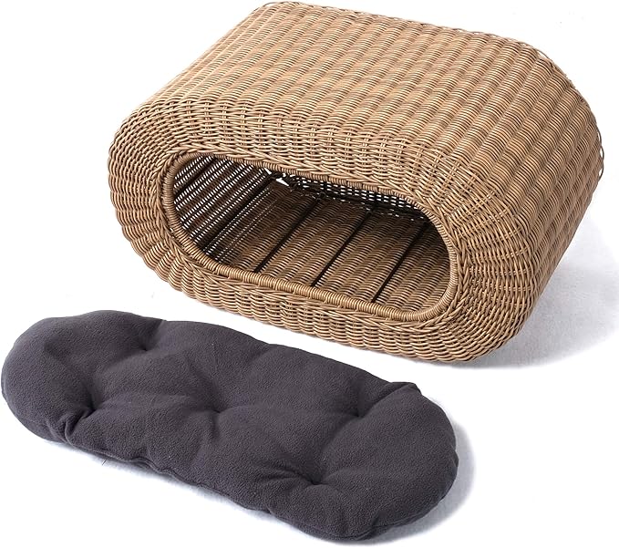 Fun Stackable Wicker Cat Hideaway House - Interactive Play Rattan Cat House for Indoor Cats Kitty, Pet Friendly Top/Side House Entry, Cat Bed Enclosed