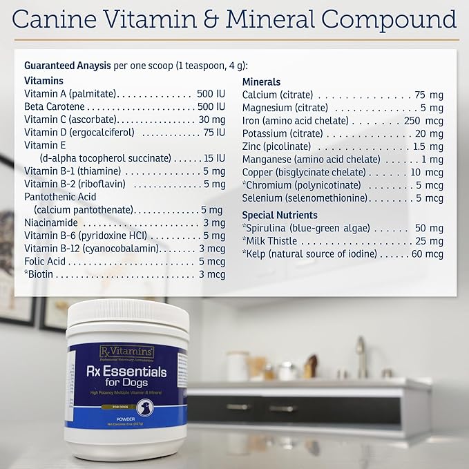 Rx Vitamins Essentials for Dogs - Daily Vitamins & Minerals - with Blue Spirulina, Kelp Powder, and Milk Thistle - Complete Canine Vitamins and Essential Minerals Powder - 8 oz