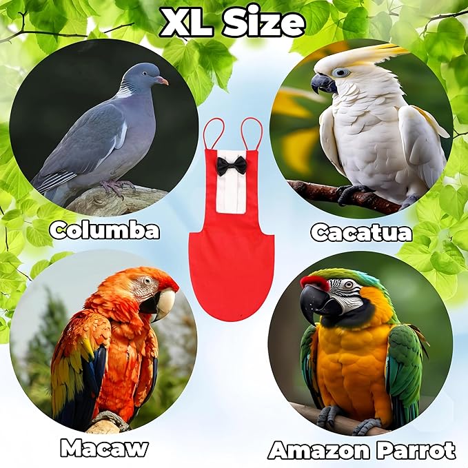 Bird Diapers with Bow Bird Harness Tuxedo Flight Suits with 80in Flying Leash Parrot Nappy with Waterproof Inner Layer Urine Wet Suite for Cockatiel Conure Parakeet Macaw Budgie-Red,XL