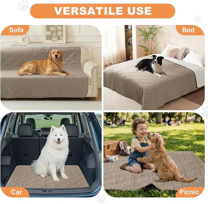 100% Waterproof Dog Couch Protector, Triple-Layer Waterproof Dog Bed Cover Pet Blanket Reversible 2-Tone Sofa Shield, Non-Slip Furniture Guard for Pets(68×82 Inch, Khaki+Off White)