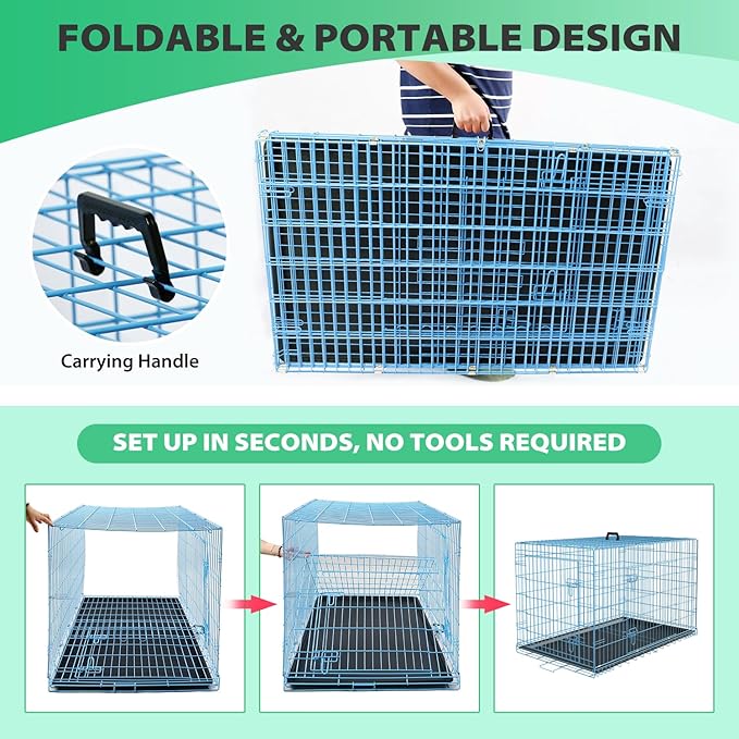 BestPet | Dog Crate | 24" | Blue | Foldable Metal Kennel with Double Doors, Secure Slide-Bolt Latches, Leakproof Tray | Portable Dog Cage for Small Breeds | for Travel, Indoor & Outdoor Use