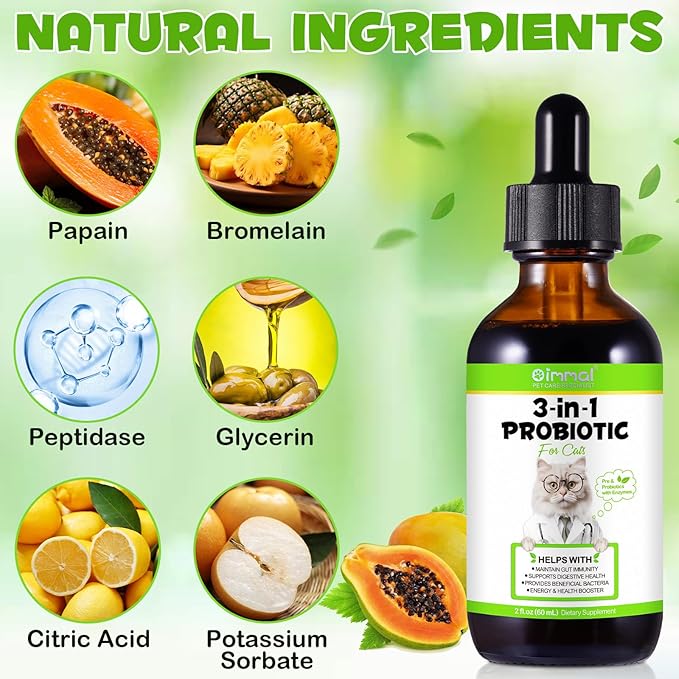 3-in-1 Probiotics for Cats(Pack of 2) with Digestive Enzymes & Prebiotics – Supports Gut Health, Immune System & Diarrhea Relief – 2 x 60ml for Cats of All Ages