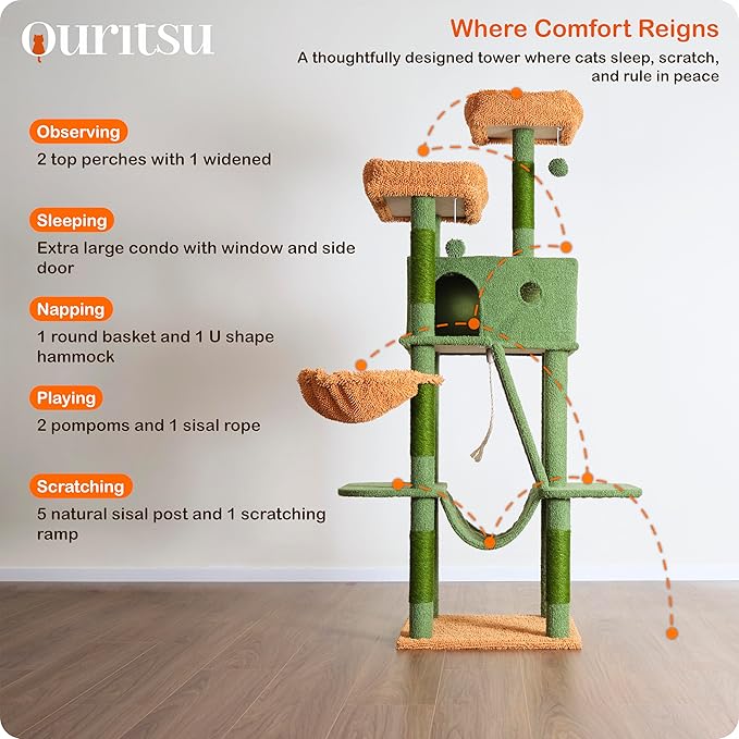 Ouritsu Cat Tree, 61 inch Tall Cat Tower for Large Cat Indoor, Enlarged Condo, 2 Padded Perches with 1 Widened, Large Hammock, Scratching Post and ramp, Fluffy Basket, Green, LF002GB