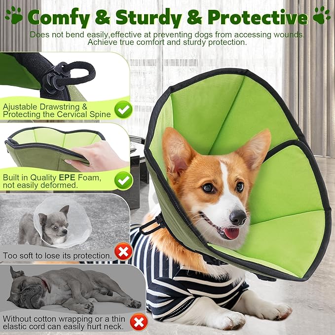 Soft Dog Cone After Surgery: Comfortable Dog Cones Collar for Stop Licking Biting - Adjustable Elizabethan Collar for Dogs fit for Small Medium Large Dogs (Green, L)