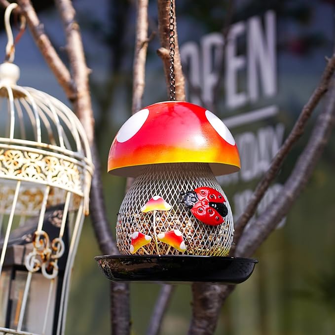 Mushroom & Ladybug Metal Bird Feeder - 16" Hanging Wild Bird Feeder with Decorative Accents, Large Capacity Outdoor Birdfeeder for Cardinals and Songbirds, Perfect Garden Gift
