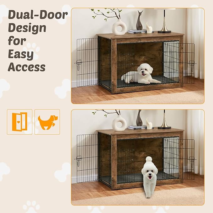 Dog Kennel Furniture, Wooden Dog Crate End Table, Heavy Duty Dog Crate, Decorative Pet Crate Dog Cage for Large Indoor Use (Rustic Brown) 27" L×20" W×23" H