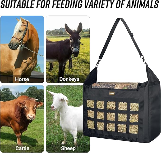 Hay Bag for Horses,Slow Feeder for Horse/Donkey/Goat, Premium 1680D Oxford Cloth,Easy to Fill and Hang with Extra Large Opening（Camo）