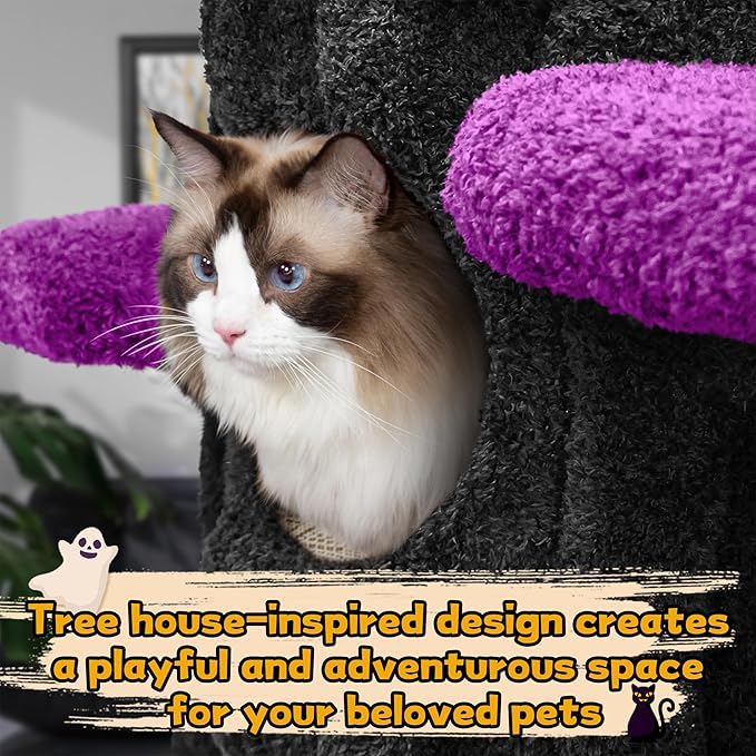 Super Large Cat Tree for Indoor Cats, All-in-One Tall Cats Tower with Scratching Post, Luxury Multi-Level Solid Wood Cat Condo for Multi-Cat Families (Purple)