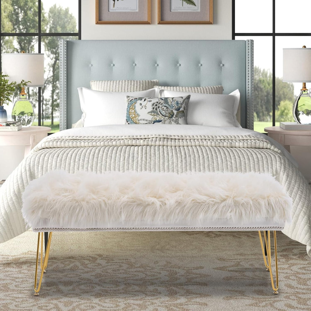 46 Inch White Bedroom Bench, Benches for Bedroom White Faux Fur Upholstered Bed end Bench, Tufting Ottoman Bench Indoor Bench with Metal Legs for Living Room Bedroom Entryway, White