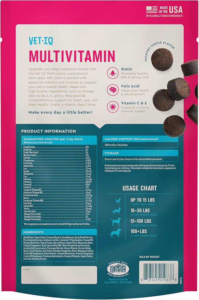 VetIQ Multivitamin Supplement for Dogs, Supports Active Brain Function, Immune System, and Digestive System, Hickory Smoke Flavored Dog Multivitamin, Made in The USA, 60 Count