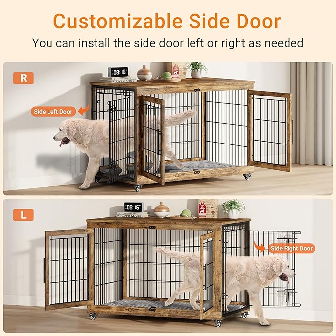 Lulive Dog Crate Furniture, XL Wooden Dog Kennel Indoor Double Doors Dog Cage, 44'' Heavy Duty Dog Crate with Cushion & Wheels, Decorative End Table Pet House Chew-Resistant for Large Dogs, Brown