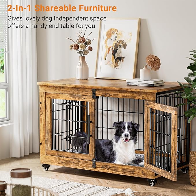 Lulive Dog Crate Furniture, Dog Kennel Indoor Double Doors Wooden Dog Cage, 38'' Heavy Duty Dog Crate with Cushion & Wheels, Decorative End Table Pet House Chew-Resistant for Large/Medium, Brown