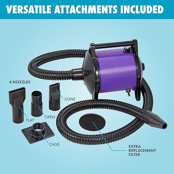 GustyAir Mini Dog Blow Dryer - Professional, Commercial Grade Force Dryer for Groomers - Quiet, High Velocity Air Dryer, Hose Attachments, Variable Speed, No Heating Element - USA Company - Purple