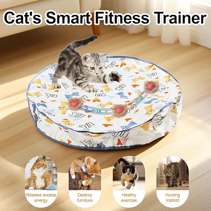 Interactive Cat Toys Ball - 2pcs Automatic Fast Rolling Ball in Play Mat, Hide and Seek Mouse Catching Game, Low-Noise Cat Enrichment Toys in Pouch for Indoor Bored Cats(Heart Patterns - Round)